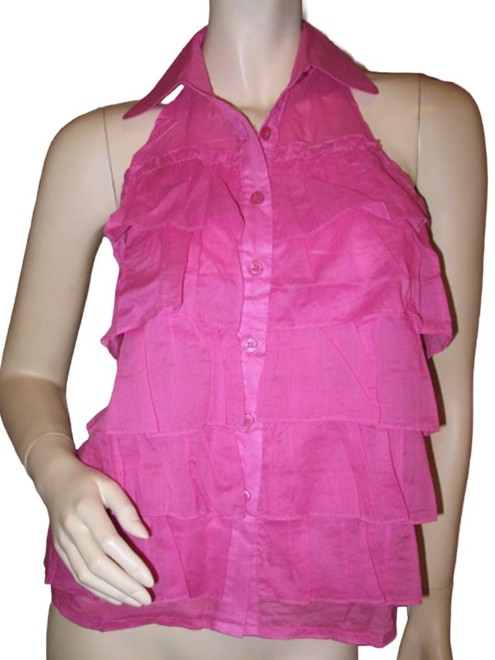 Y2K Pink Tiered Ruffle Halter Tank Top sz S Summer Festival Barbiecore Fairycore